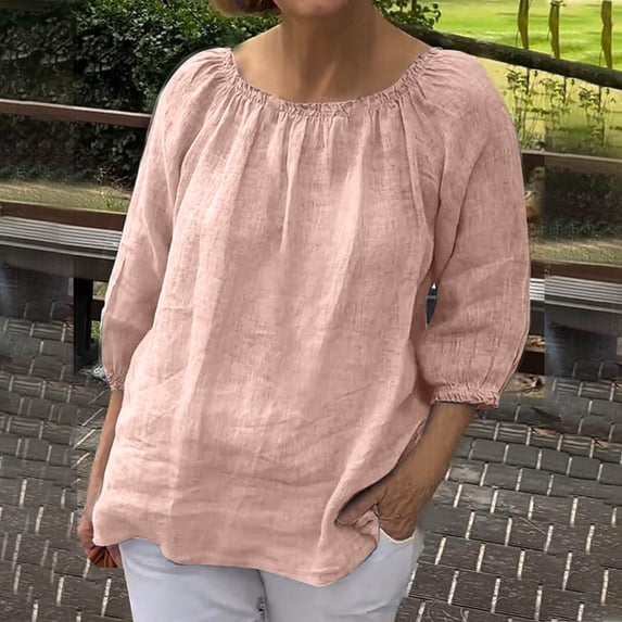 Plus Size Cotton Linen Shirts for Women,3/4 Sleeve Casual Gauze Top,Ruched Loose Fit Flowy Holiday Vacation Blouse