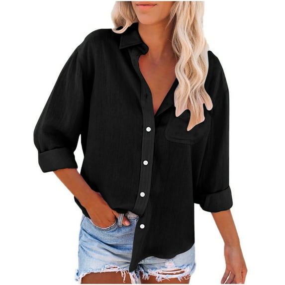 Plus Size Cotton Linen Shirts for Women Lapel Long Sleeve Button Blouse Solid Color Loose-Fit Tops with Pockets