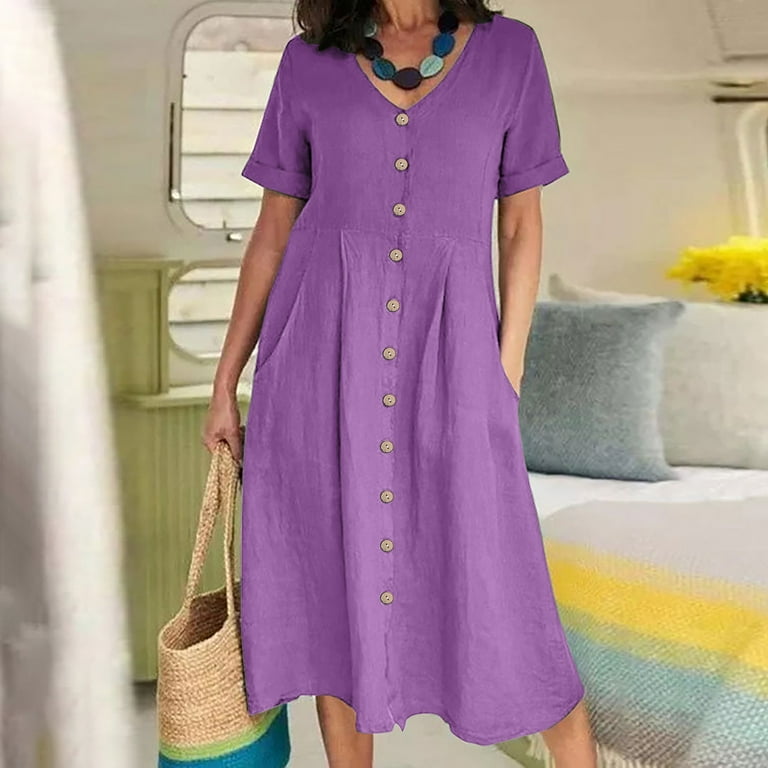 Plus Size Cotton Linen Short Sleeve Dress for Women V Neck Solid