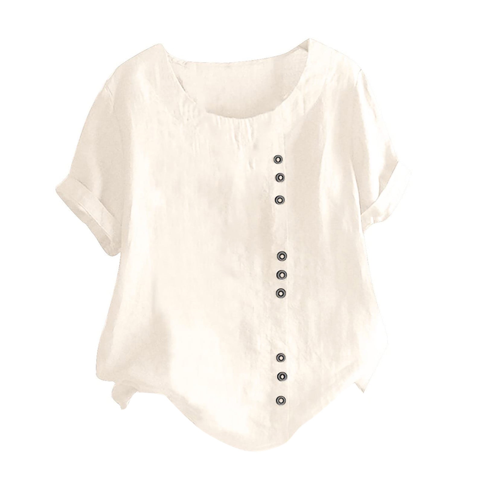 Plus Size Cotton Linen T Shirts for Women Crewneck Short Sleeve Solid ...