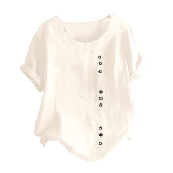 Plus Size Cotton Linen T Shirts for Women Crewneck Short Sleeve Solid Tops and Blouses Summer Comfy Basic Tunic Tops