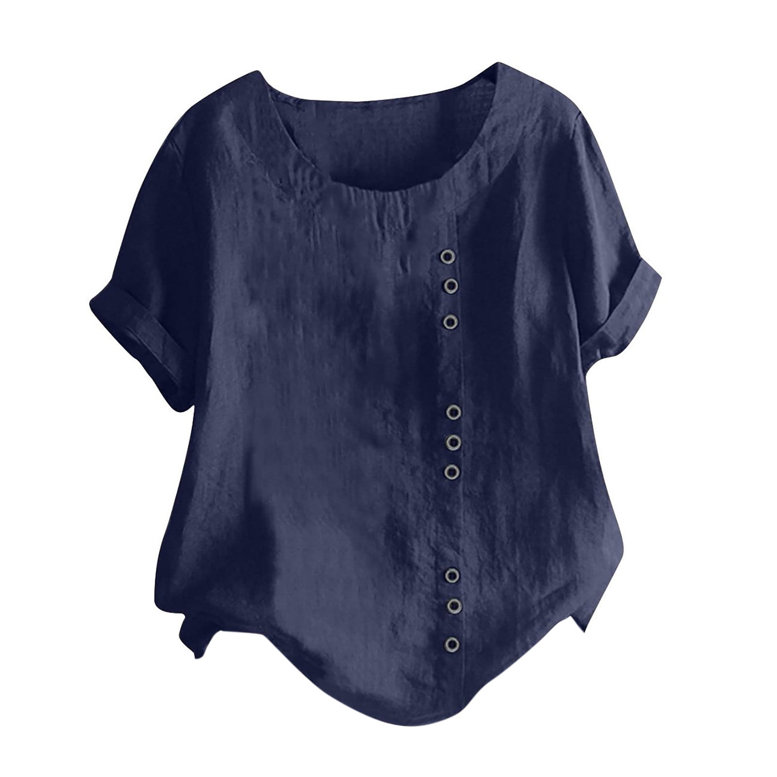 Plus Size Cotton Linen T Shirts for Women Crewneck Short Sleeve Solid ...