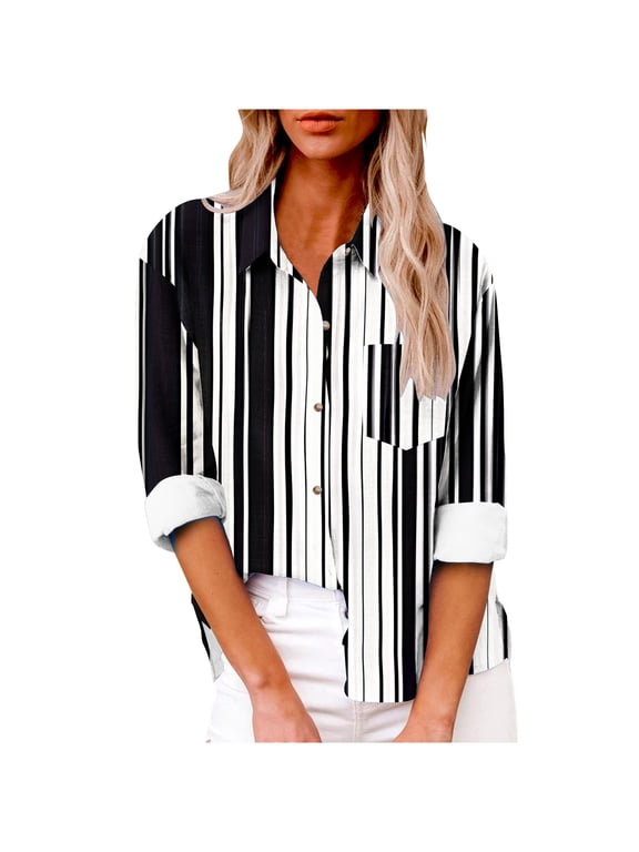 Plus Size Cotton Linen Tops Button Down Shirts for Women Roll up Long Sleeve Casual Summer Fall Cardigan Blouses lapel Collared Button Up Shirts for Women V-Neck work Tunic Tops With Pockets