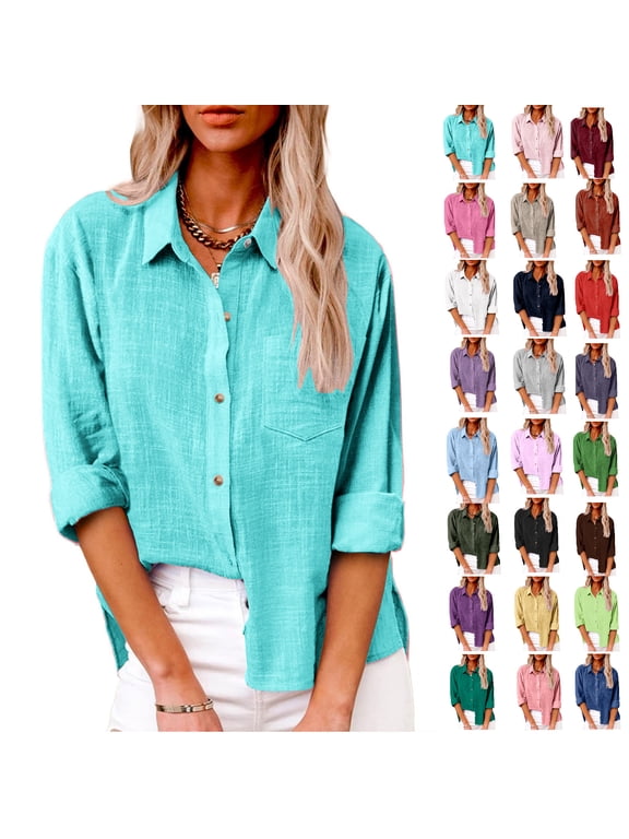 Plus Size Cotton Linen Tops Button Down Shirts for Women Roll up Long Sleeve Casual Summer Fall Cardigan Blouses lapel Collared Button Up Shirts for Women V-Neck work Tunic Tops With Pockets