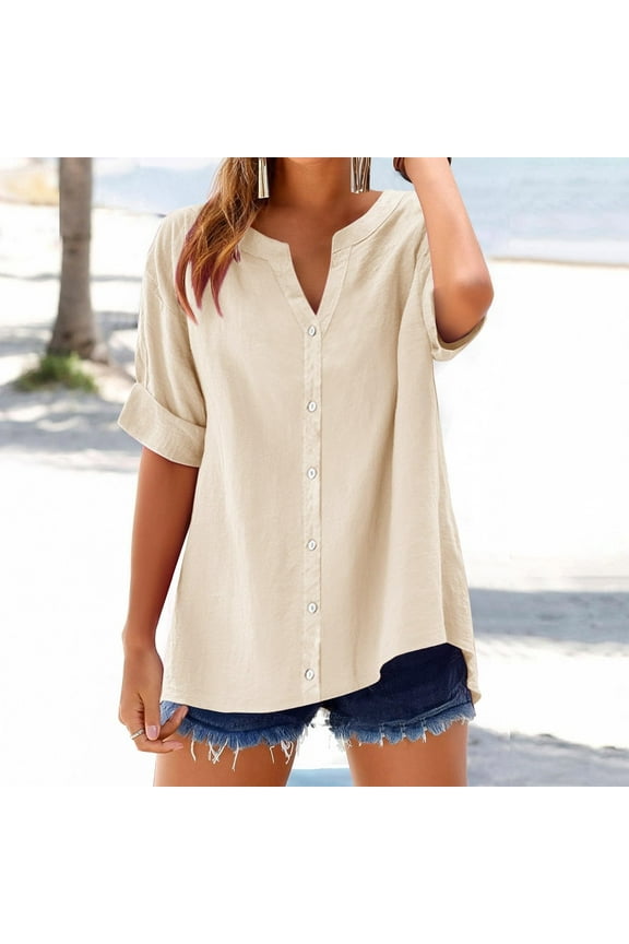 Plus Size Cotton Linen Tops for Women,Oversized Buttons Up V-Neck Blouse,Loose Fit Pullover Gauze Tops