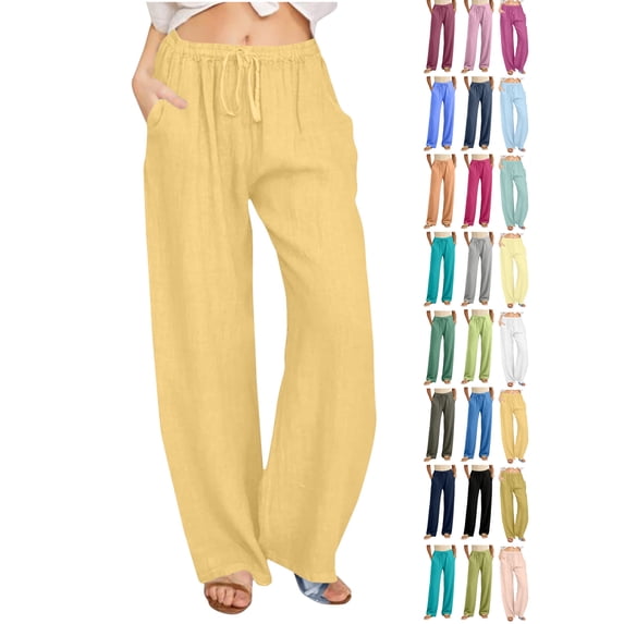 Plus Size Cotton Linen Wide Leg Pants Elastic Waist Drawstring Closure Loose Fit Comfortable for All-Day Wear & Travel