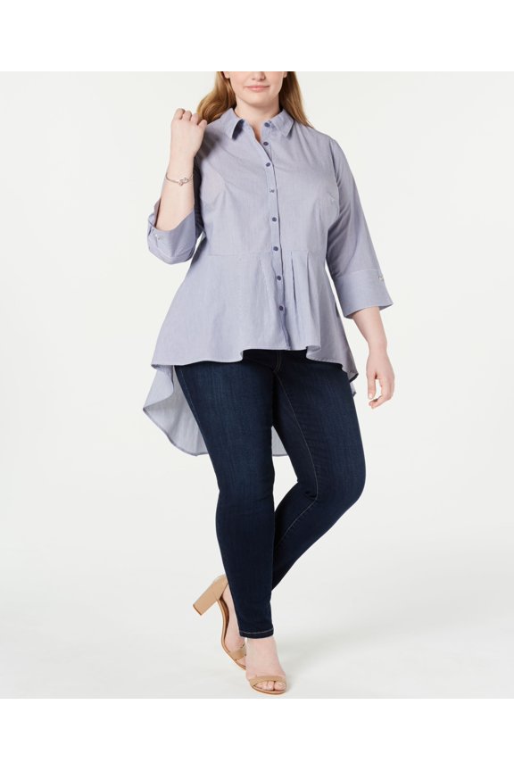 Plus Size Cotton Pleated High-Low Blouse Sky Cellblock 2X