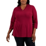 KAREN SCOTT Plus Size Cotton Pleated Neck 3/4-Sleeve Tunic Malbec 3X
