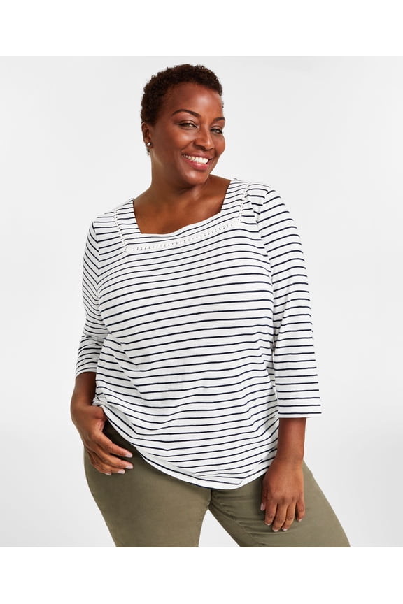 Plus Size Cotton Striped Square-Neck Top Stripe Shitake 1X