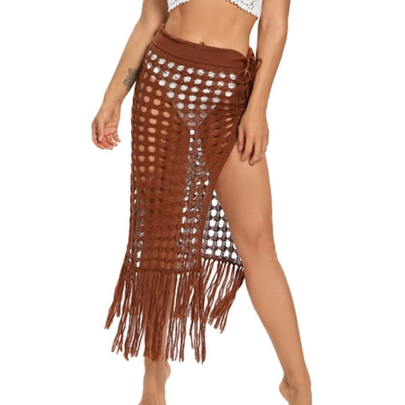 Plus Size Cover up Women's High Waist Crochet Midi Skirt Mesh Hole with Tassel Side Split Beach Cover Up for Vacation Travel Wear Brown XL