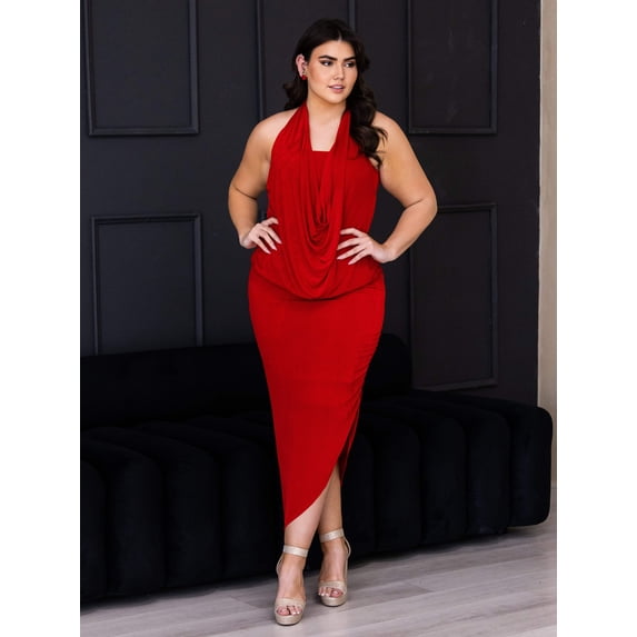 Plus Size Cowl Neck Asymmetrical Halter Dress
