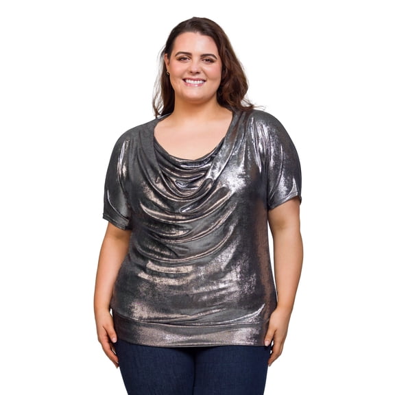 Plus Size Cowl Neck Metallic Banded Top