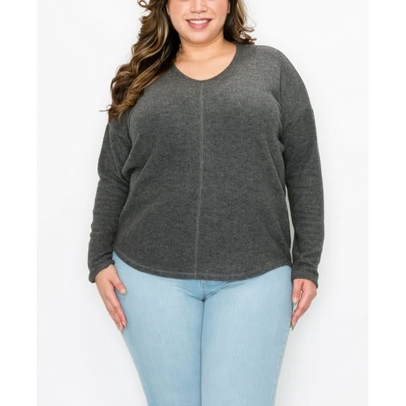 Plus Size Cozy Rib V Neck Dolman Top Dolm Charcoal 1X