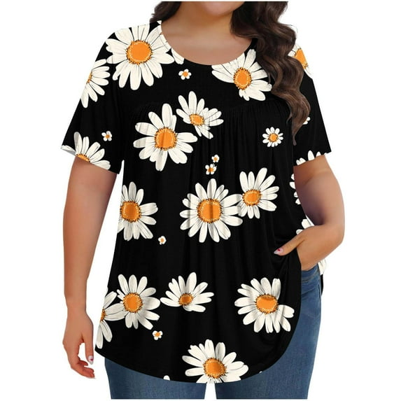 Plus Size Crew Neck Tops for Women Casual Loose Printed Shirts Pleated Flowy Clothes Basic Blouses Size L-5xl (XL, Multicolor)
