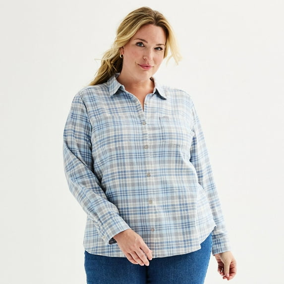 Plus Size Croft & Barrow® The Extra Soft Plaid Flannel Shirt Color: Light Blue Plaid Size: 1X