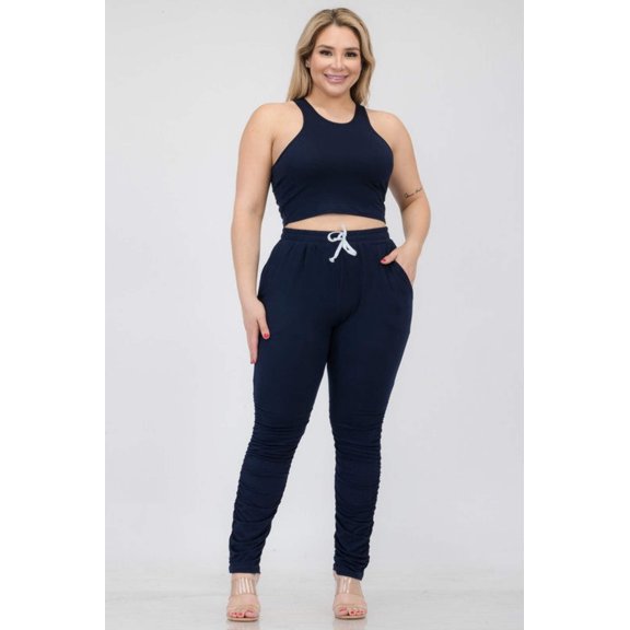 Plus Size Crop Tank Top  Ruched Pants Set