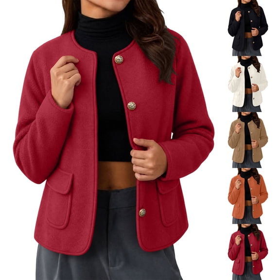 Plus Size Cropped Jackets for Women Single Breasted Collarless Coat Long Sleeve Casual Fall Outwear Jackets with Pockets S-5XL