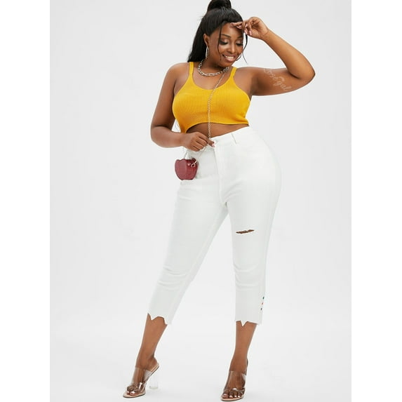 Plus Size & Curve Ripped Raw Hem Tapered Cropped Jeans