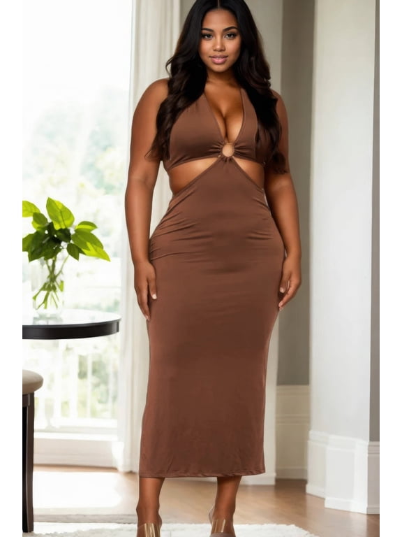 Plus Size Cut-out Halter Neck Double Back Tie Split Thigh Midi Dress