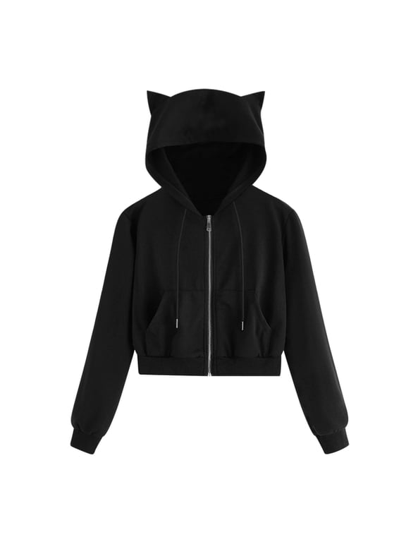 Plus Size Cute Hoodie for Women Teen Girls with Cat Ears Full Zip Crop Sweatshirt Drawstring Lightweight Jacket (X-Large, Black)