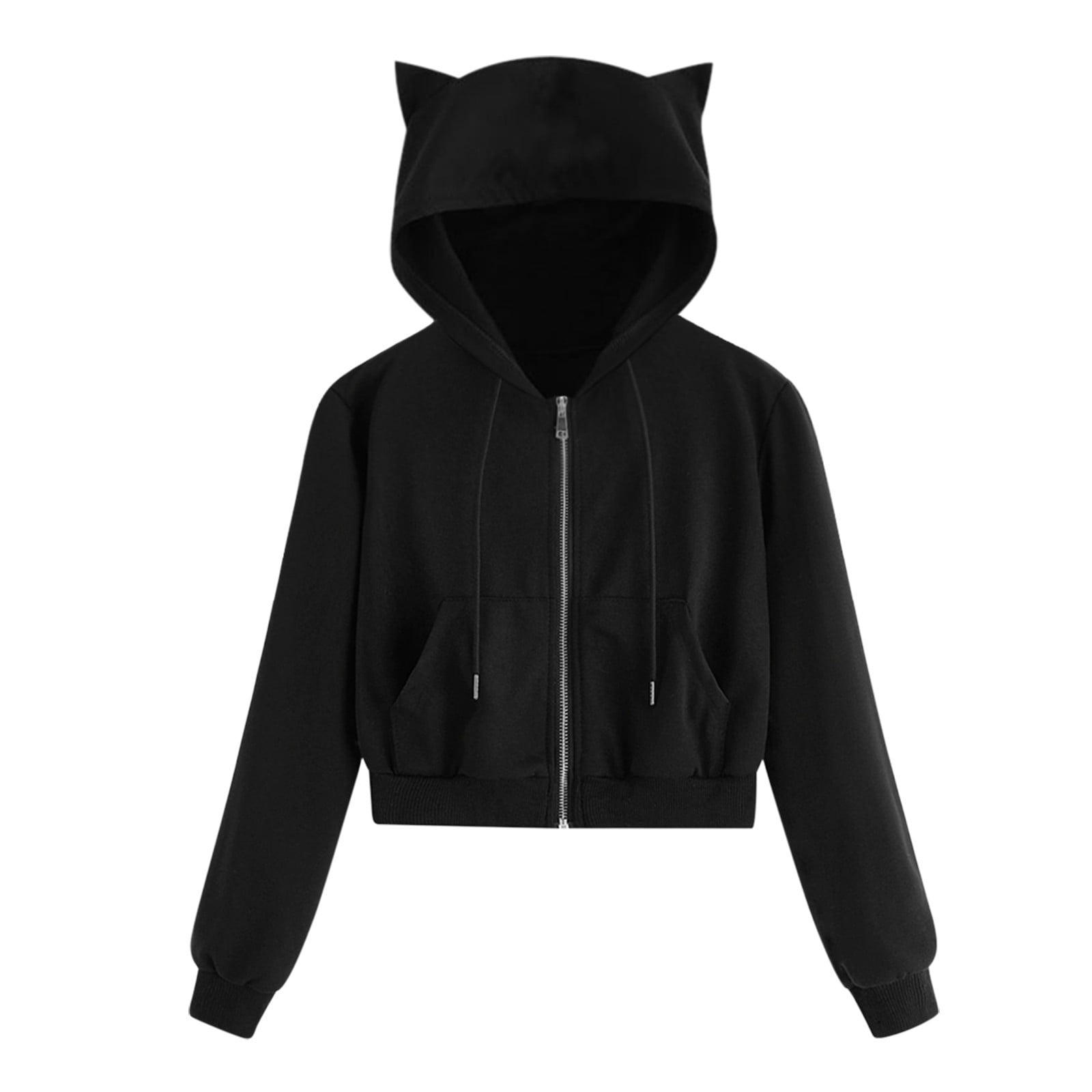 Plus Size Cute Hoodie for Women Teen Girls with Cat Ears Full Zip Crop Sweatshirt Drawstring Lightweight Jacket XX Large Black Walmart