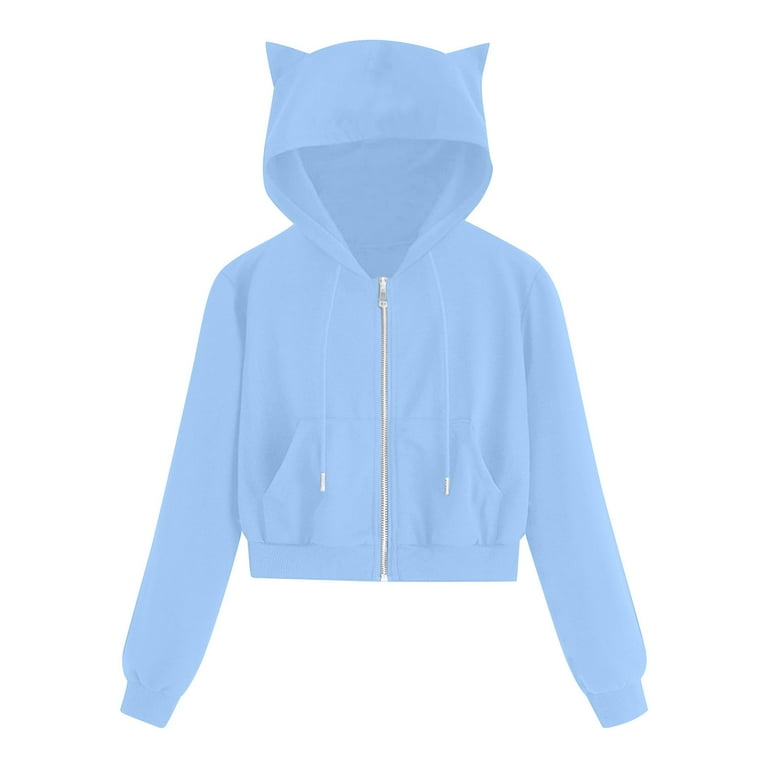 Plus Size Cute Hoodie for Women Teen Girls with Cat Ears Full Zip Crop Sweatshirt Drawstring Lightweight Jacket XX Large Blue