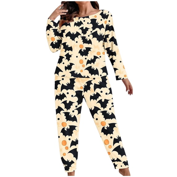 Plus Size Cute Pajamas for Women Set Crew Neck Pumpkin Ghost Graphic Sleepwear Long Sleeve Pjs Halloween Outfits Khaki 5XL