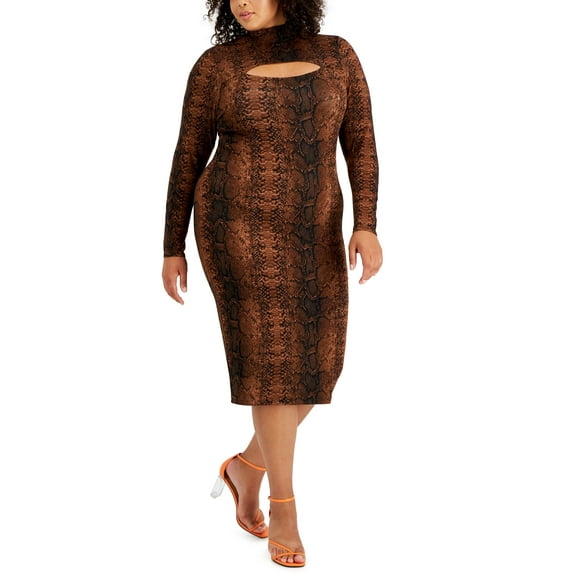Plus Size Cutout Bodycon Dress Snake Python Brown 0X