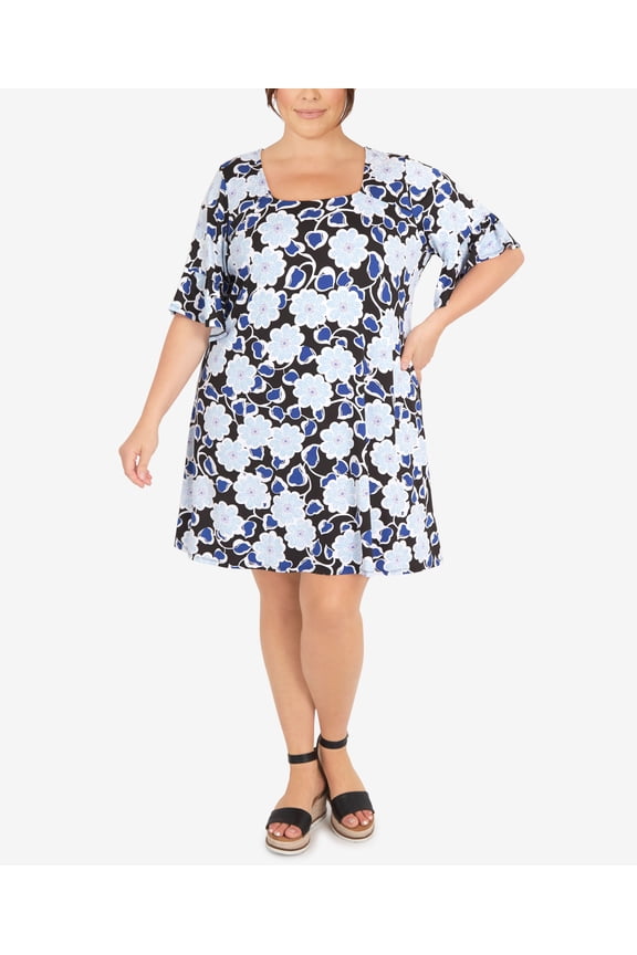 Plus Size Daisy Daze Puff Dress Black Multi 2X