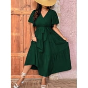 Plus Size Dark Green Tiered Midi Dress With Ruffle Hem And Tie Waist
