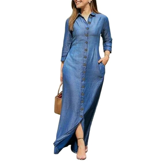 Women's Denim Shirt Dress, Plus Size Casual Button-Down with Pockets & Flared Skirt, Comfortable A-Line Dress for Spring & Summer Outings Light Blue 2XL
