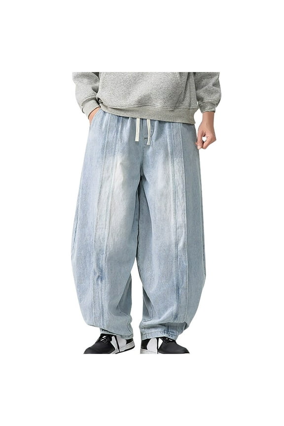 Plus Size Denim Harem Pants for Men Funky Wide Leg Pants Vintage Palazzo Jeans Drawstring Baggy Street Denim Trousers