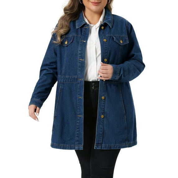 Agnes Orinda Women's Plus Size Denim Jacket Buttons Long Sleeves Jean Jackets 1X Dark Blue