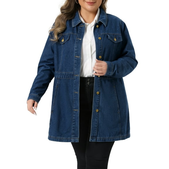 Agnes Orinda Women's Plus Size Denim Jacket Buttons Long Sleeves Jean Jackets 1X Dark Blue