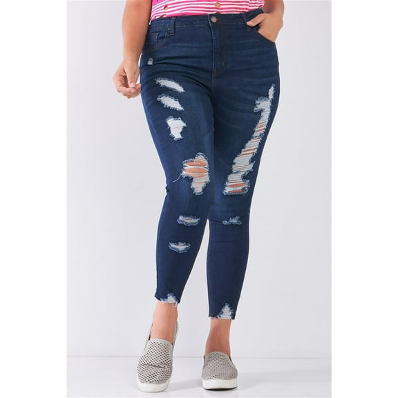 Plus Size Denim Mid-rise Raw Hem Detail Ripped Skinny Jean Pants 16