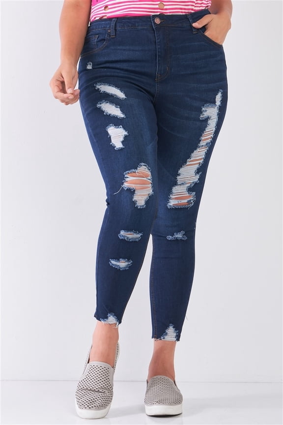 Plus Size Denim Mid-rise Raw Hem Detail Ripped Skinny Jean Pants 18