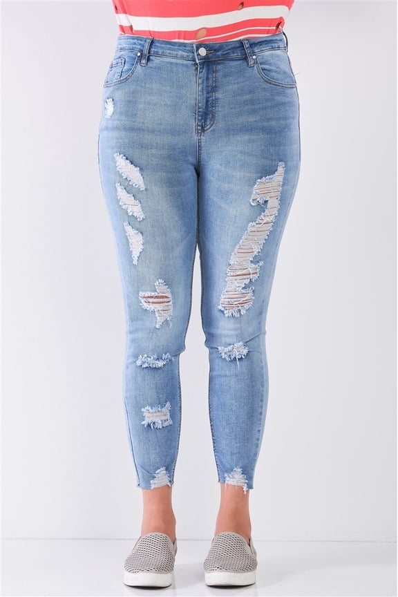 Plus Size Denim Mid-rise Raw Hem Detail Ripped Skinny Jean Pants 20