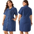 thumbnail image 1 of Plus Size Denim Shirt Dress Short Sleeve Button Down Midi Dress With Pockets for Spring Summer, 1 of 6