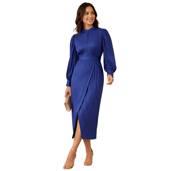 Plus Size Faux Denim Wrap Waist Maxi Dress, Puff Sleeve Mandarin Collar Front Slit Casual Semi-Formal Dress