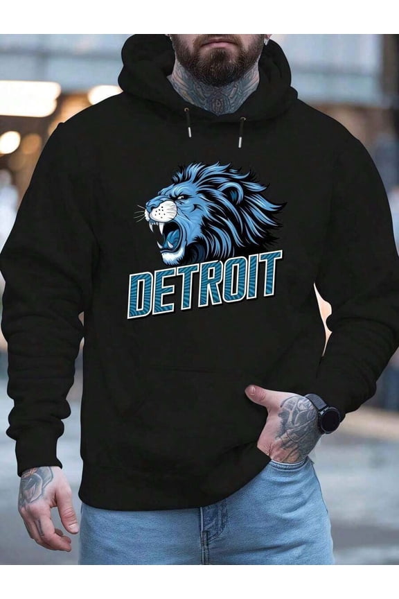 Plus Size Detroit Lion Graphic Hoodie, Casual Knit Polyester Pullover, Regular Fit, Hooded Sweatshirt With Pocket, Slight Stretch, With Alphabet Pattern For Men