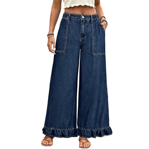 Plus Size Dirty Blue Ruffled Wide Leg Denim Pants – Casual Summer Style for Women, 4X