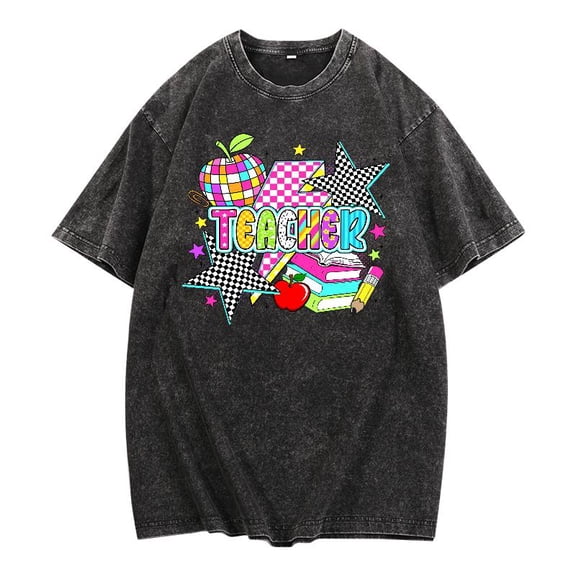 Plus Size Disco Teacher Graphic Tee - Vintage 70s Inspired "TEACHER & life" Print T Shirt, Glam Printed Short Sleeve T-Shirts (Oversize S-5XL)