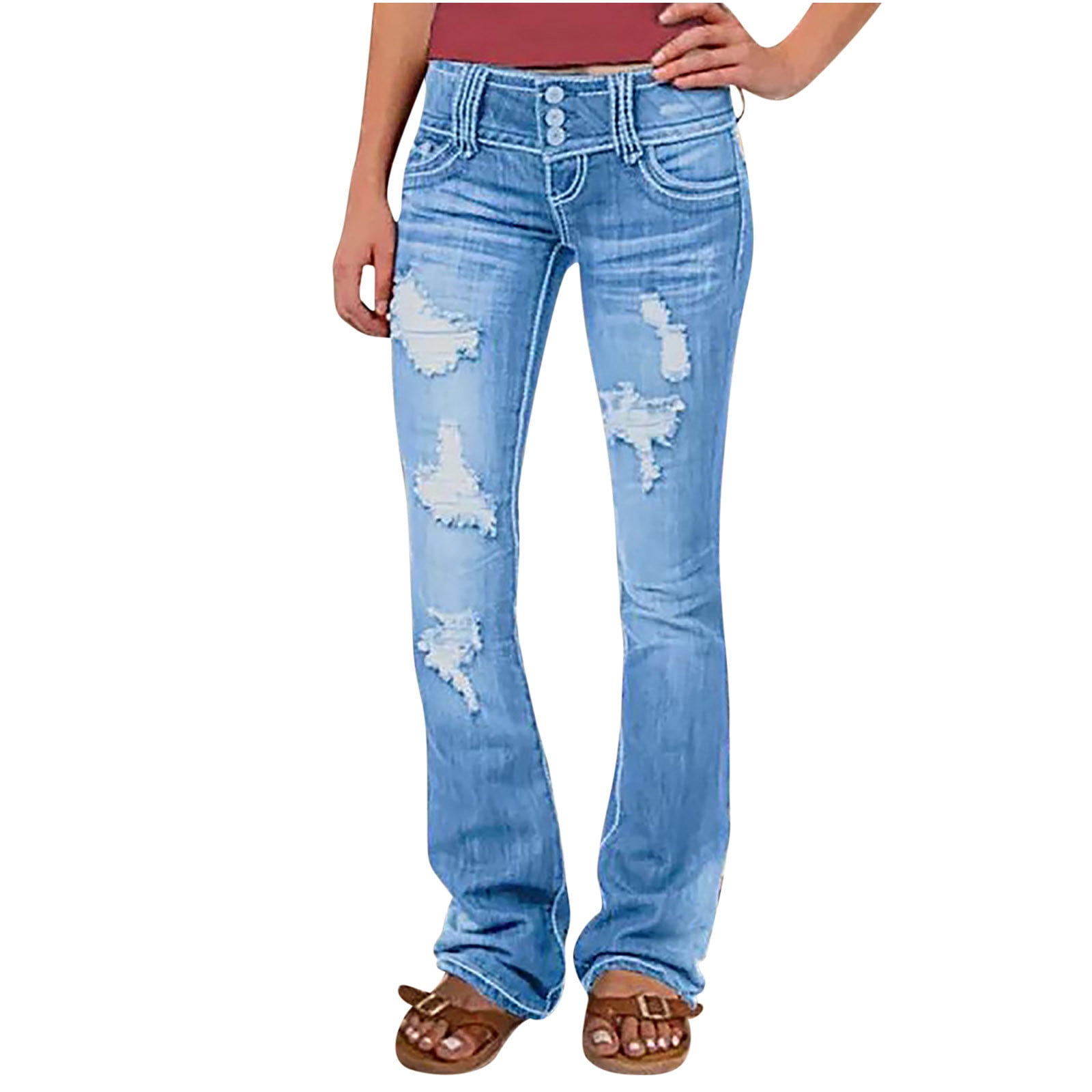 Plus Size Distressed Denim Pants for Women Slim Fit Buckle Jeans