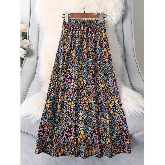 Plus Size Ditsy Floral A-Line Skirt In Style, Vintage Print, Vacation Ready