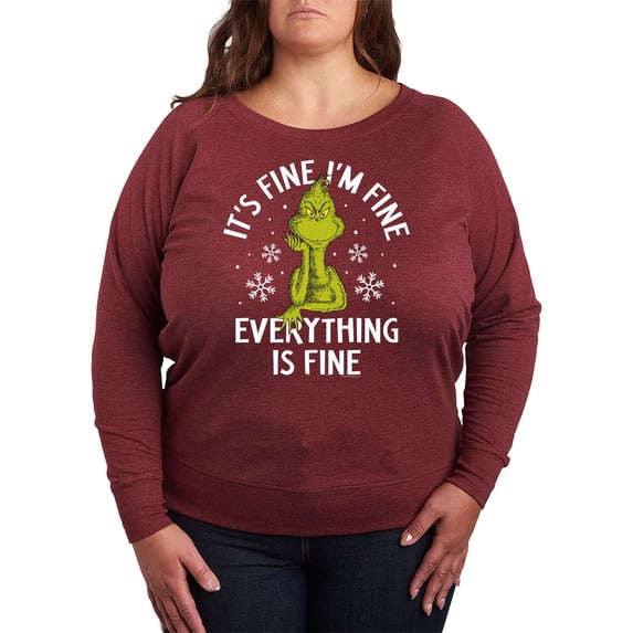 Plus Size Dr. Seuss Grinch It's Fine I'm Fine Lightweight French Terry Sweatshirt Color: Heather Dark Red Size: 2X