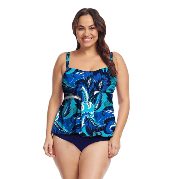 Plus Size Drape Bandeau Tankini Top in Colorblock Paisley Blue