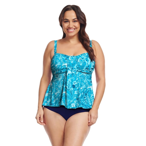 Women's Plus Size Bandeau Tankini Swim Top with Waterfall Drape Tummy Control | Mediterranean Paisley Turq | Mazu Swim