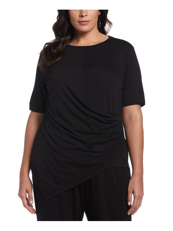Plus Size Drape Front Knit Elbow Sleeve Top Black 3X