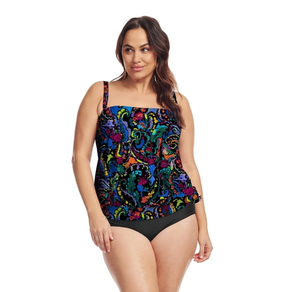 Plus Size Draped Blouson Tankini Top in Mediterranean Paisley Black