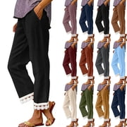 Summer Casual Pants for Womens Plus Size Fashion Cotton and Linen Solid Color Ruffle Elastic Waist High Waist Long Pants